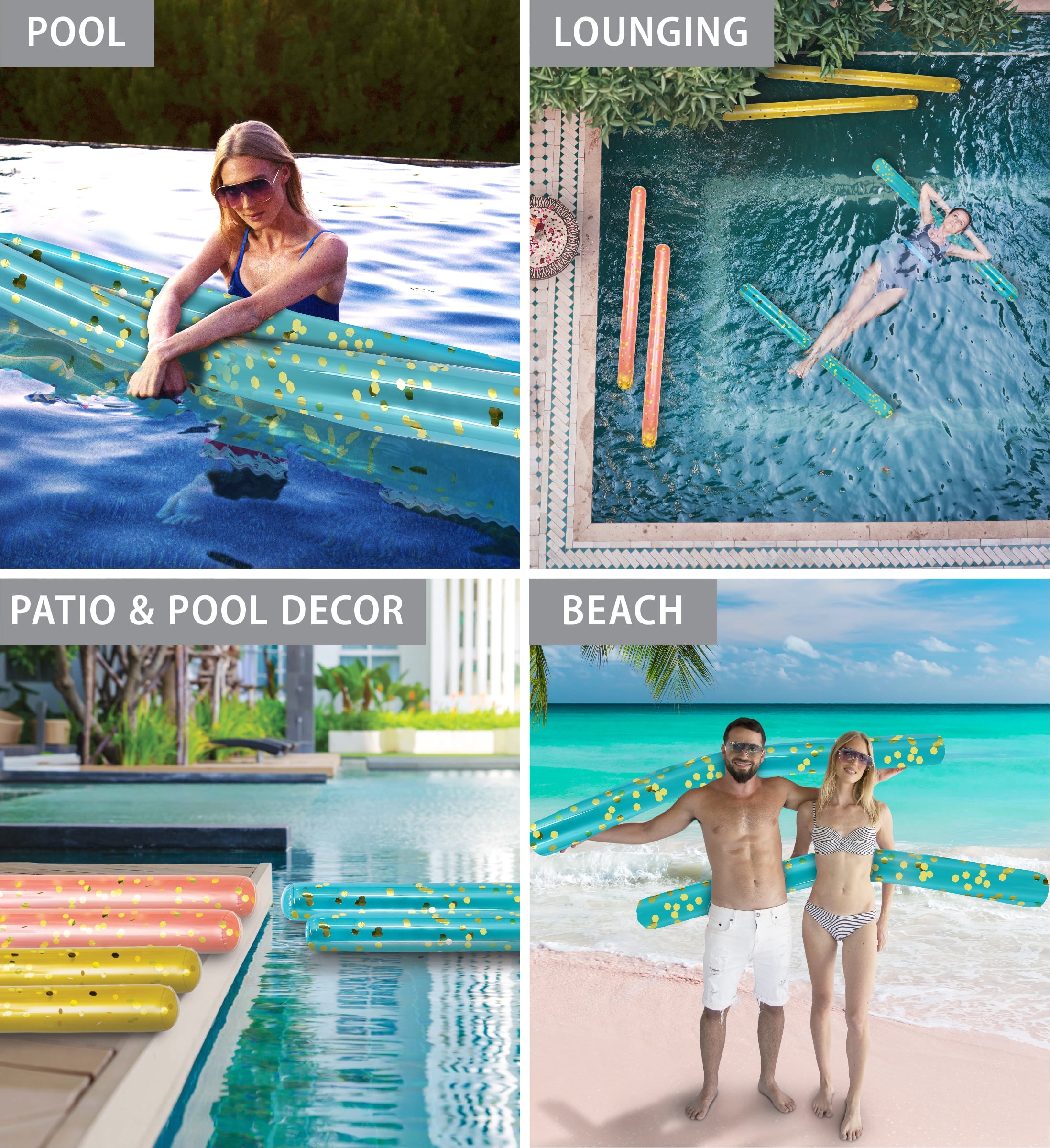 POZA Luxurious Jumbo Inflatable Swimming Pool Noodle, Blue/Gold, 2 Pack