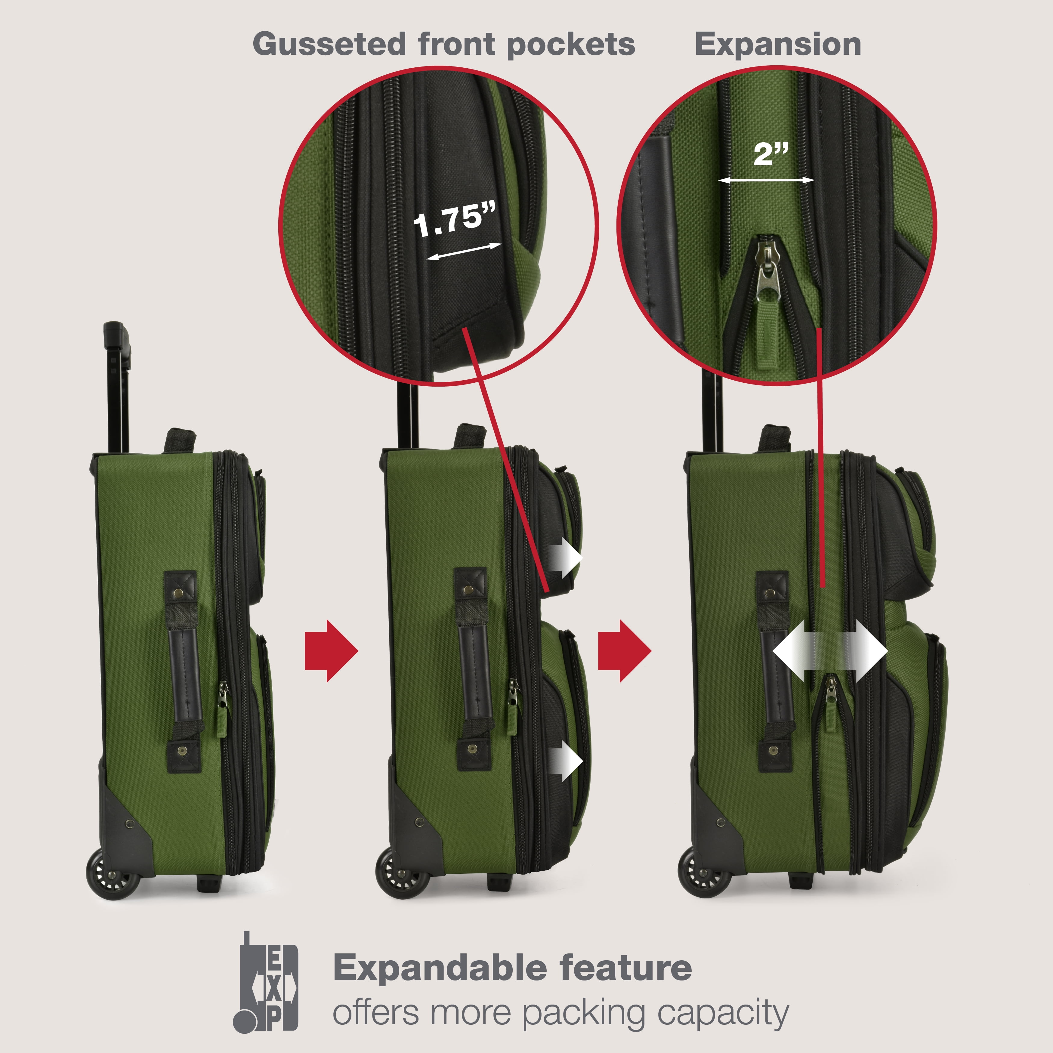 U.S. Traveler Rio Rugged Fabric Expandable Rolling Carry-on Luggage Set w/ Tote, Green, 2-Piece (21/10)