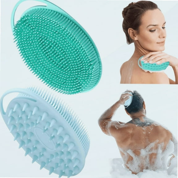 2 Pack Silicone Body Scrubber, 2 in 1 Bath and Shampoo Brush, Soft Silicone Loofah for Sensitive Skin, Double-Sided Body Brush for Men Women, Lathers Well, Gentle Exfoliating (Blue, Green)