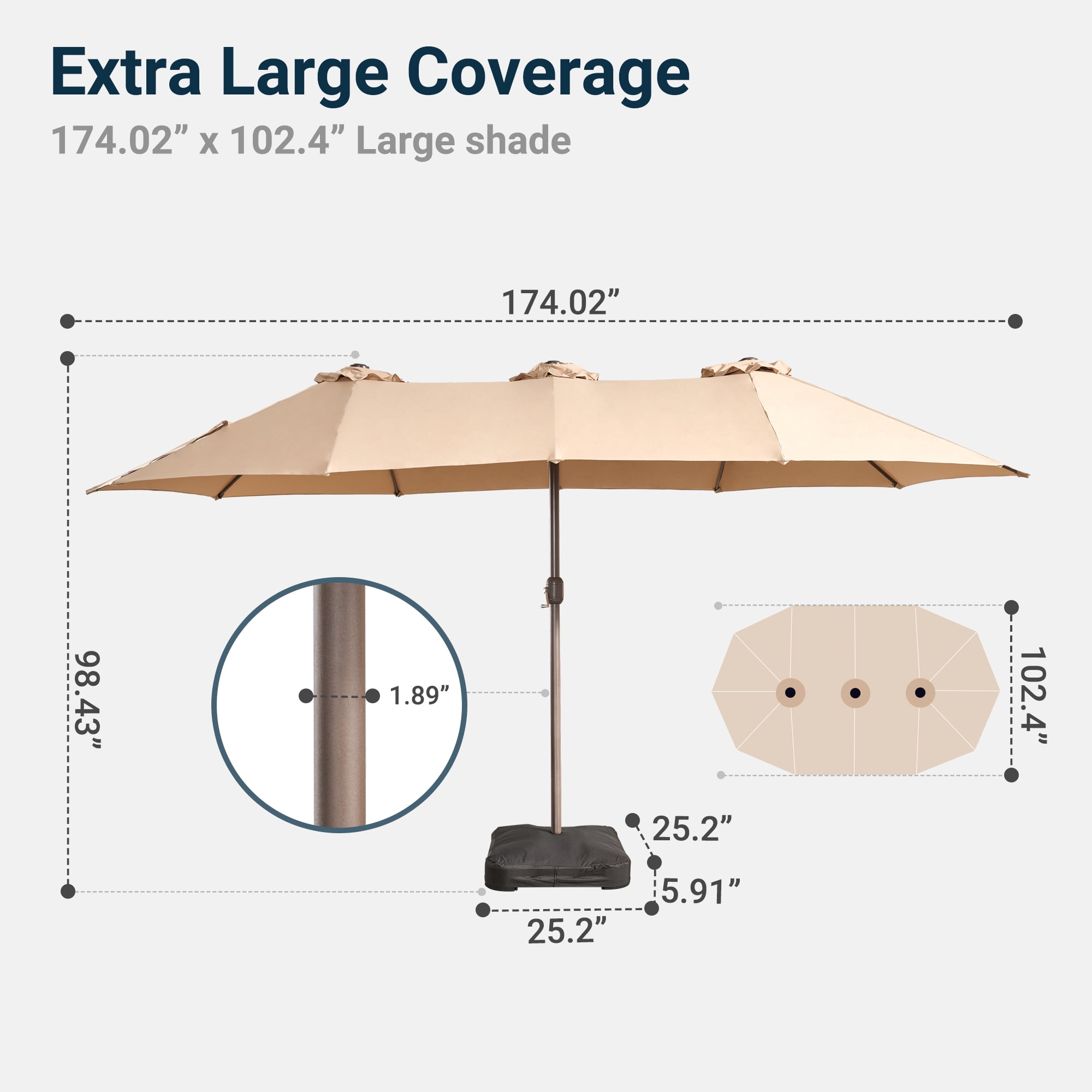 XIZZI 15ft Patio Umbrella with Base and Crank Handle, Extra Large Double-Sided Outdoor Umbrella with Waterproof, UV Resistant, Rectangle Garden Table Umbrellas Khaki