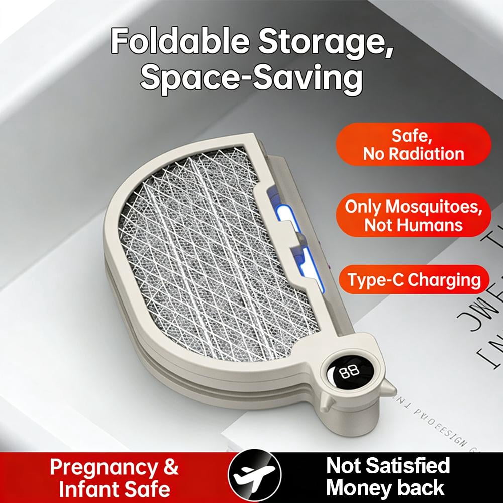 Folding Electric Mosquito Racket 2-in-1 Handheld Bug Zapper & Mosquito Attraction Beads, Lamp, Rechargeable, 8 LED