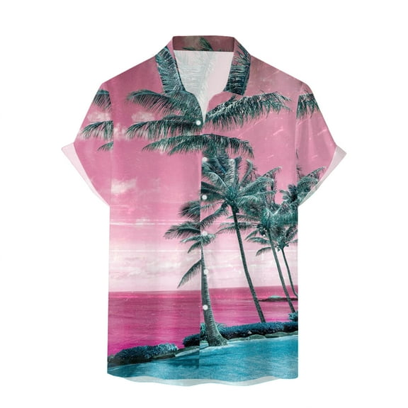 GHSOHS Mens Shirts Pink Dress Shirts for Men Leaf Tropical 3D Print Vacation Beach Shirts Casual Loose Short Sleeve Hawaiian Shirt Button Down Lapel Holiday Shirts Street Fashion Suit Shirts for,2XL