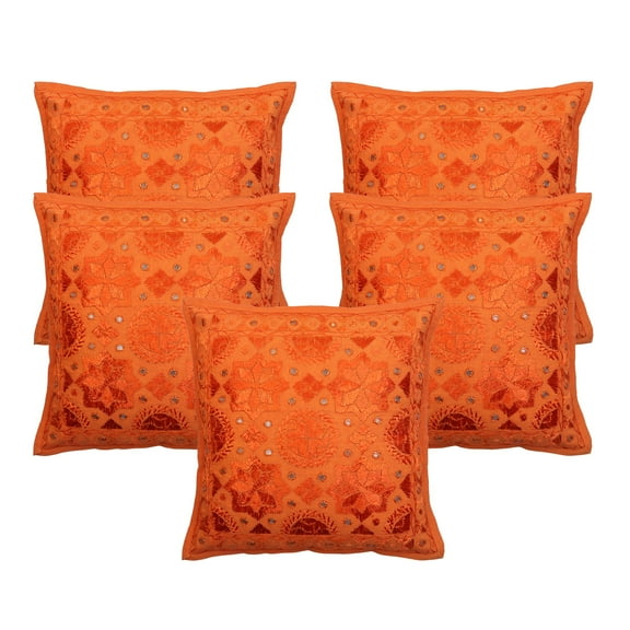 Stylo Culture Ethnic Decorative Throw Pillow Covers 16x16 Embroidered Orange Bohemian 40cm x 40cm Bed Room Cotton Mirrored Square Cushion Covers | Set Of 5
