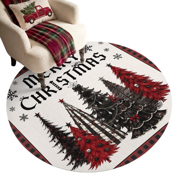 Merry Christmas Washable Round Area Rug 3 ft, Black Red Xmas Tree Snowflakes Plaid Border Soft Non‑Slip Rugs Stain Repellent Indoor Mats for Entryway, Bathroom, Bedside, Hallway Nook