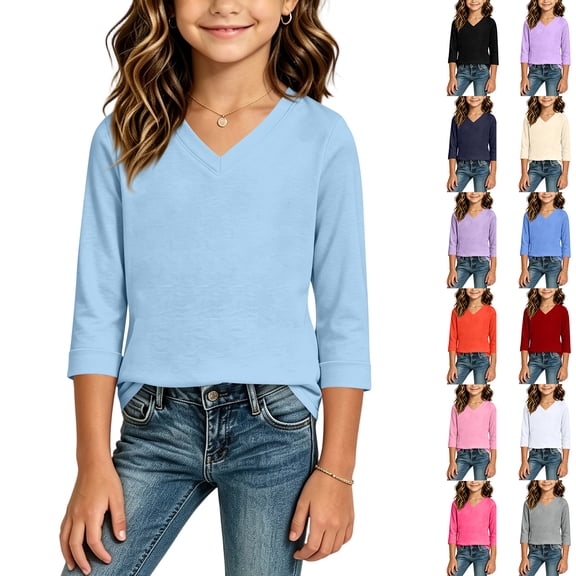 Girls V Neck Tees V Neck Elbow Length Sleeve Shirt Solid Tone Classic Minimal Kids School Basic Blouse