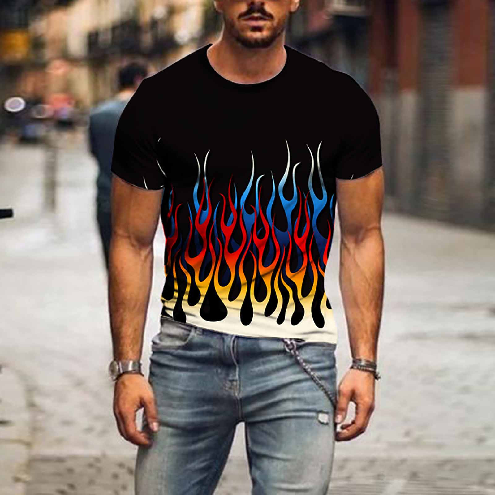 ZCFZJW Men's Short Sleeve T-Shirts Funny 3D Flame Tie-dye Print ...