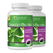 TruNature Ginkgo Biloba Standardized Herbal Extract, 120 mg, 340 Softgels each bottle. Pack of 2 bottles.