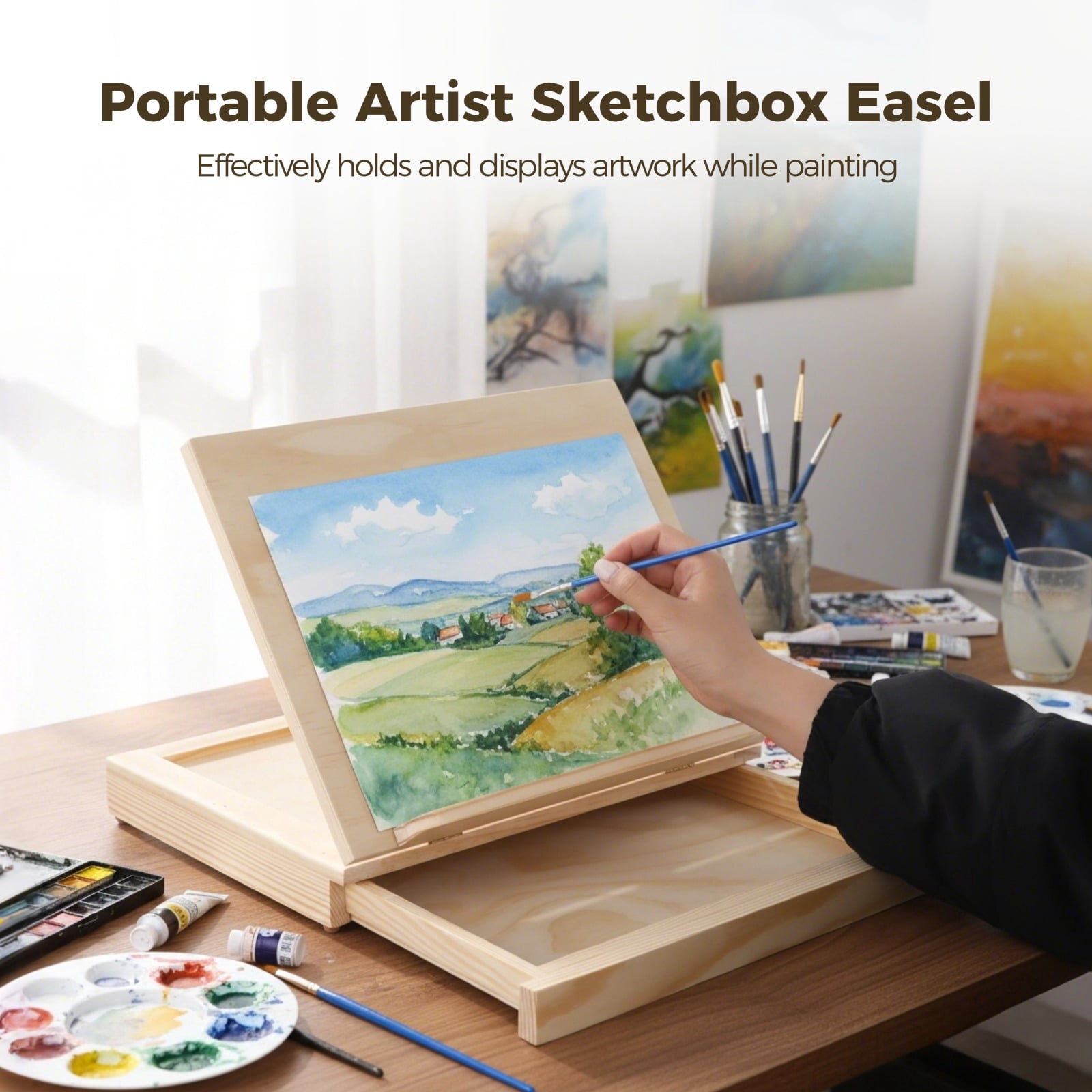 Portable Artist Sketchbox Easel, Solid Wood Foldable Drawing Board with Storage Drawer, Adjustable Height & Extendable Desktop Display, 13.2 x 10.4 x 19.69 in
