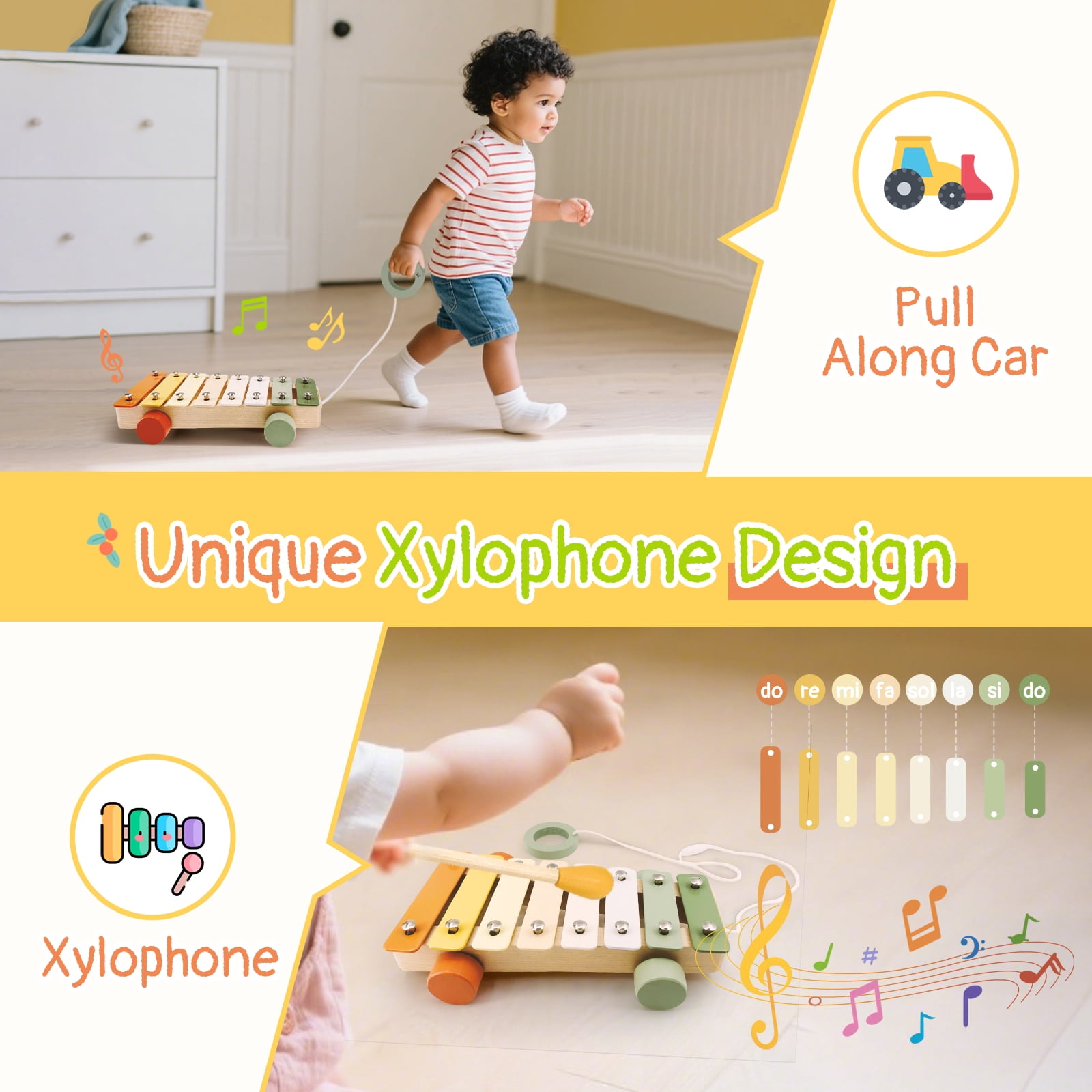 7pcs Musical Instruments Set - 18M+ Montessori Toys 2 3 4 Neutral Colors Wooden Toys for Toddlers 3-5 Percussion Instruments Modern Boho Xylophone Sensory Gifts Boys Girls