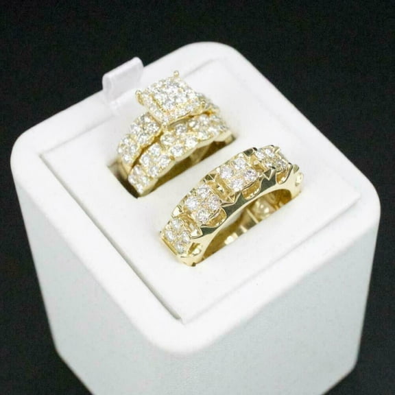 TAAPSEE JEWELS Trio Ring Set for His & Her in Round Cut Cubic Zirconia Wedding 14K Yellow Gold Over Silver