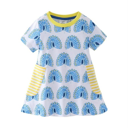

Little Girls Dress Short Sleeve Peacocks Print Dress Cute Summer Sundress With Pocket 2 To 7 Years Kids Party Dresses