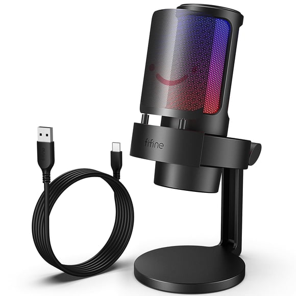 Fifine Gaming USB Microphone for PC, RGB Computer Podcast Mic for Recording, Condenser Streaming Mic with Tap-to-Mute, Gain Knob,