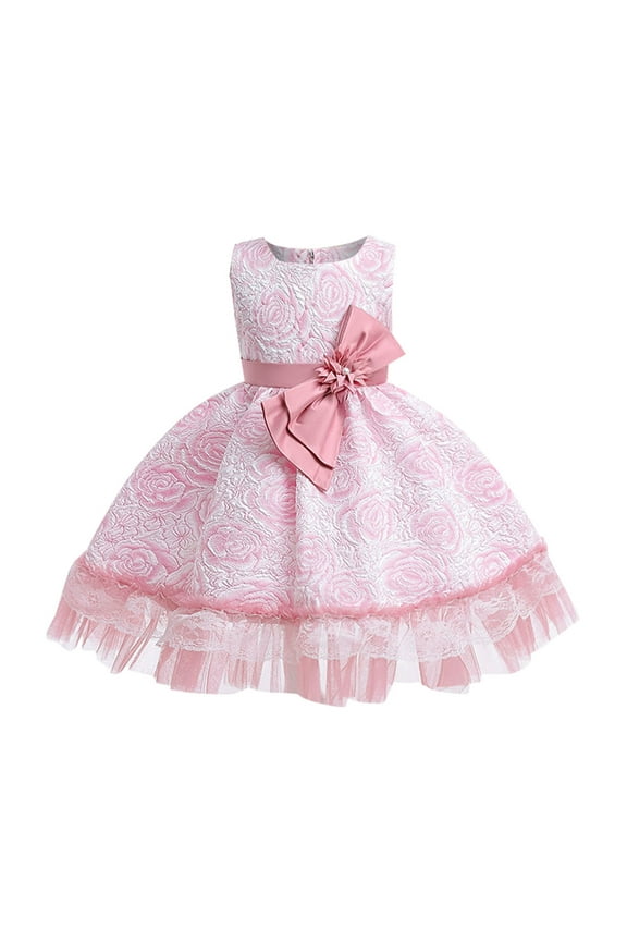 Flower Embroidered Dress Kid Sleeveless Fashion Bow Stitching Dress Child Tulle Ruffle Hem Cake Princess Dress