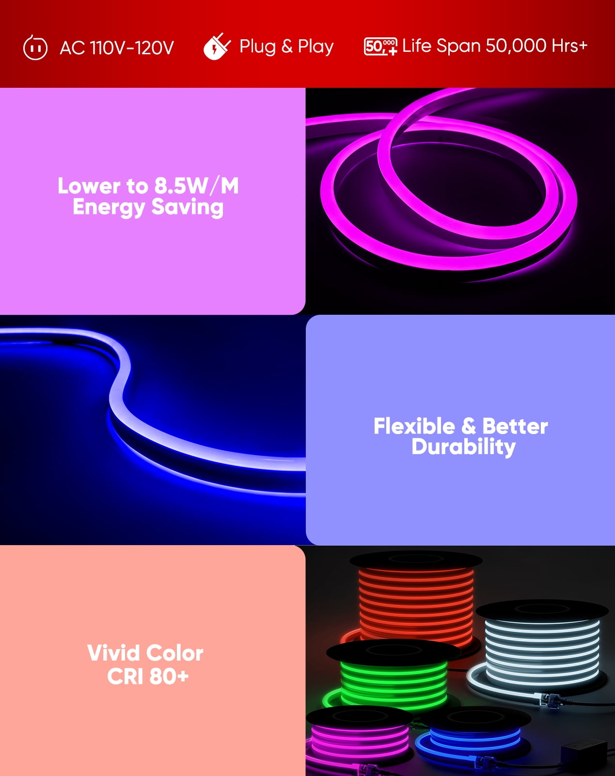 Shine Decor 16FT LED RGB Neon Rope Lights, ETL-Listed AC 110-120V Neon LED Strip Lights SMD5050 80LEDs/m with Remote, Dimmable Multicolor Change Flexible Neon Rope Lighting Waterproof for In&Outdoor