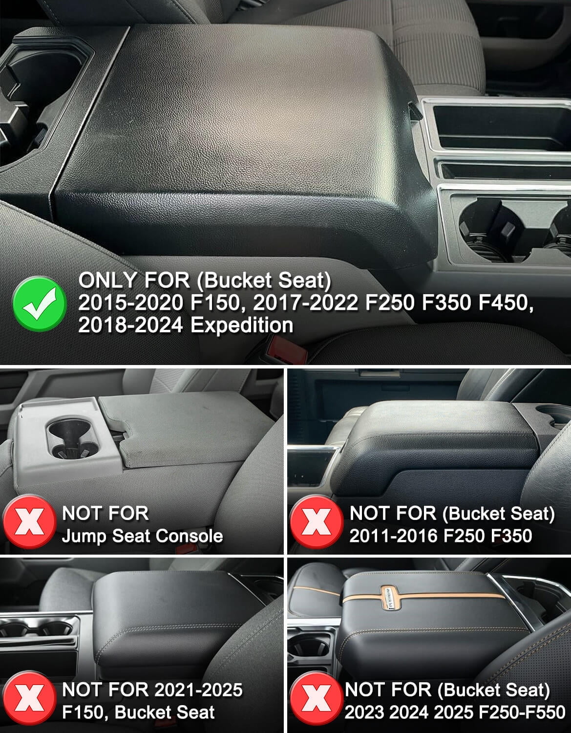 KBH Ford Center Console Cover for 2015-2020 F150 Accessories, 2017-2022 F250-F550/2018-2024 Expedition, Black Leather Middle Console Cover Cushion Pad for Truck Interior (Bucket Seat)