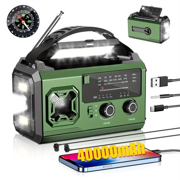 40000Mah Emergency Weather Radio, Portable Solar Hand-Crank Radio with AM/FM/NOAA, Battery-Powered, 3-Mode Flashlight And Reading Light, SOS Alarm, Indoor/Outdoor/Emergency Phone Charger