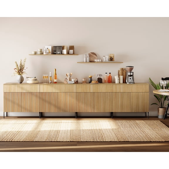 126" Wooden Reeded Sideboard with Doors and Drawers, 4-In-1 Modern Wide Credenza Storage Cabinet for Kitchen, Dining Room