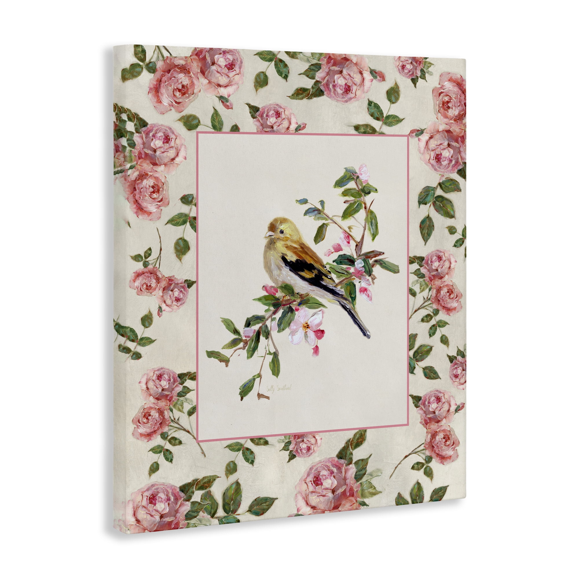 Stupell Industries Perched Bird with Dainty Roses Canvas Wall Art, design by Sally Swatland