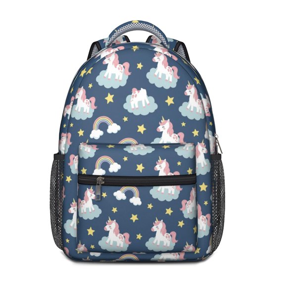 Unicorn and Cloud Blue Pattern Backpack for School, Cute School Bag with Adjustable Shoulder Straps and Padded Back, 15.3"x11"x6.7"