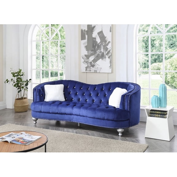 Modern Blue Micro Suede Velvet Sofa 220cm with Nailhead Trim and Painted Legs