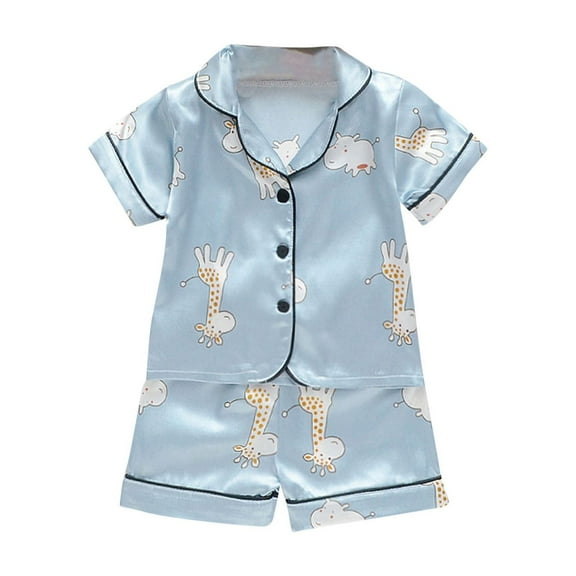 Zwiiyzr Toddler Girls Pajamas Set Cute Print Button Down Top and Pants Sleepwear Loungwear for Unisex 2Pcs Lounge Set 1-5 Years Blue