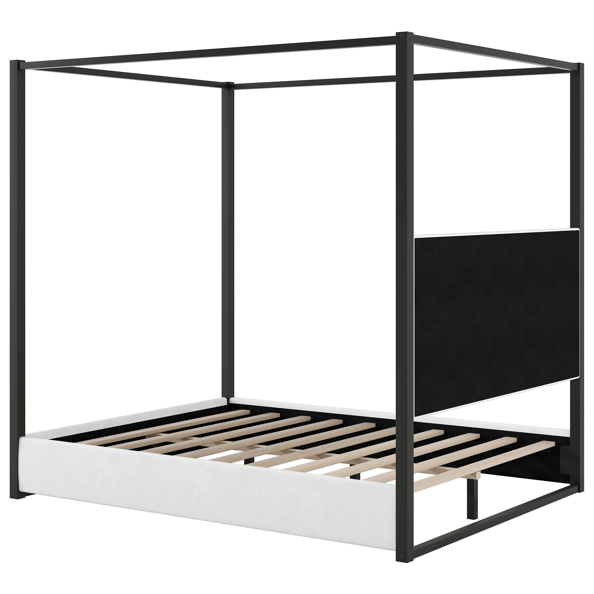 Euroco Upholstery Queen Size Canopy Platform Bed with Upholstery Headboard and Metal Bed for Adults, White