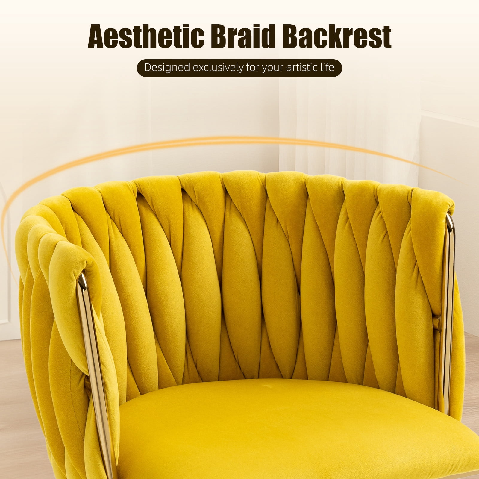 MOONMISS Velvet Upholstered Tufted Wood Frame Side Dining Chair with Golden Legs（set of 2）-Yellow