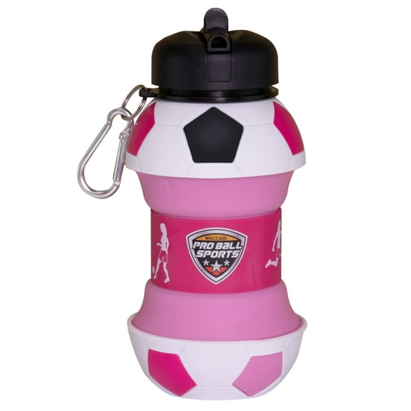 Maccabi Art Kids Soccer Ball Water Bottle – 18 Oz Collapsible BPA-Free Silicone – Clip-On Sport Bottle for School, Hiking, Outdoor Use – Leak Proof, Reusable – Pink