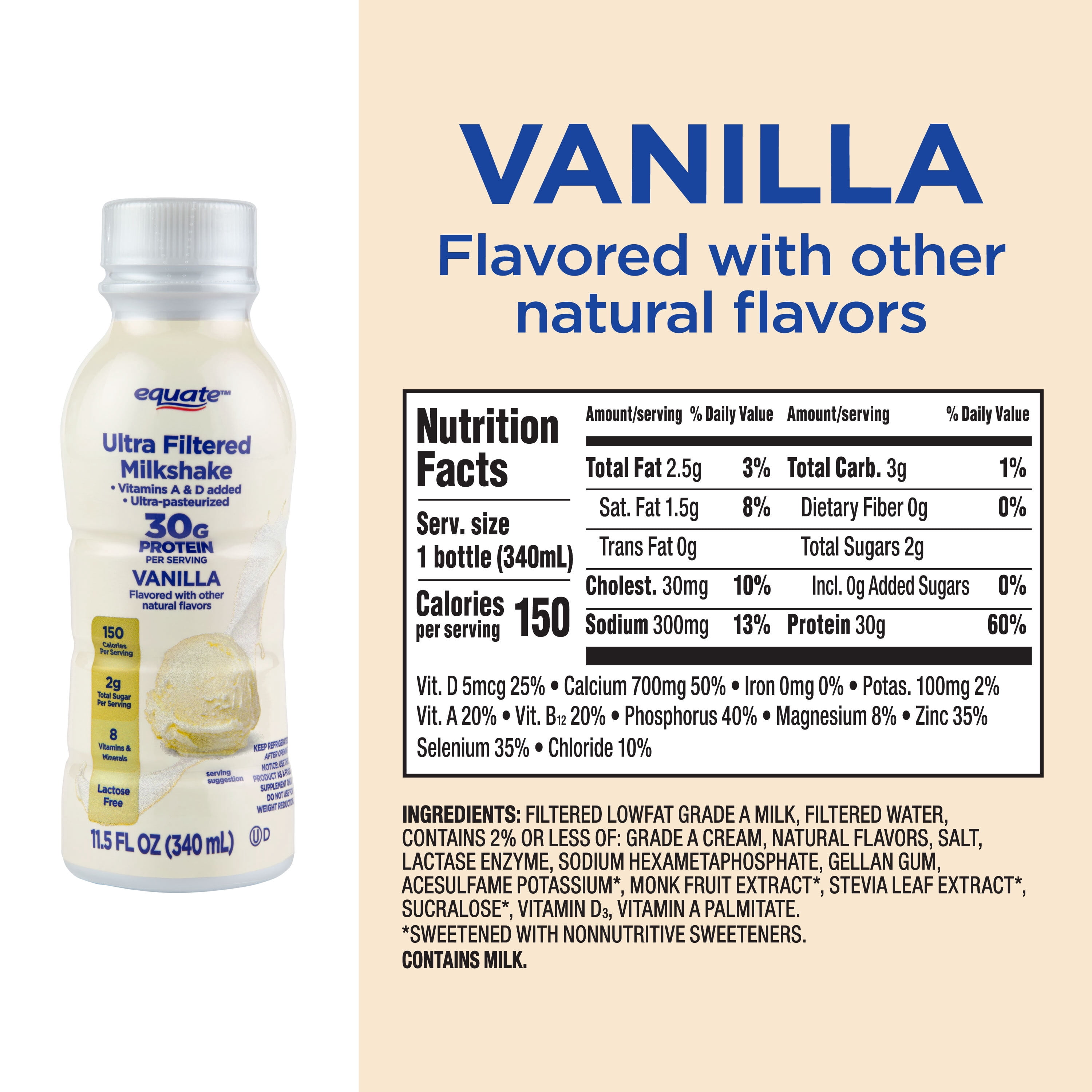 Equate Ultra-Filtered Protein Milkshake, Vanilla, 11.5 fl oz
