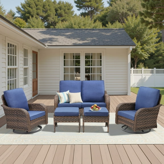 5 Piece Patio Wicker Furniture Sets, Outdoor Swivel Rocking Chairs, Loveseat and Ottomans Set with Blue Cushions