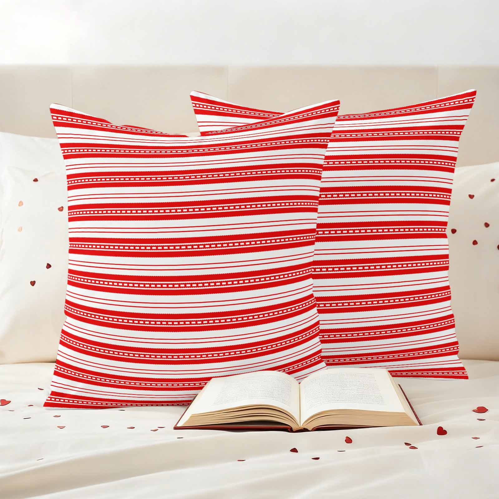 Boho Red Stripe Outdoor Waterproof Pillow Covers, Abstract Geometric White Minimalist Decorative Square Throw Pillowcase Sofa Cushion Sham for Patio/Couch/Chair, 20"x20" 2 Pack