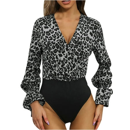 

Herrnalise One Piece Body Shaper for Women Spring and Autumn V-Neck Pullover with Flared Lantern Sleeve Jumpsuit Slim Domineering Erogenous Leopard Print Slimming Bodysuit Gray