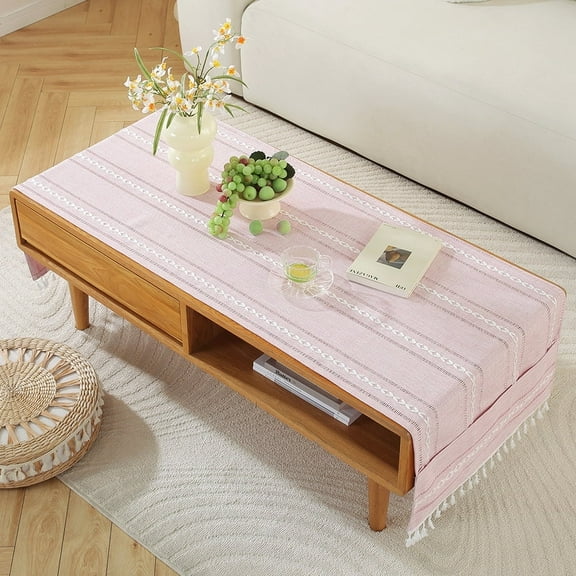 WCHUANG Coffee Table Cloth, Table Cover with Pockets and Tassel, Cotton Linen Rectangle Tablecloths Washer Dryer Fridge Top Dust Cover