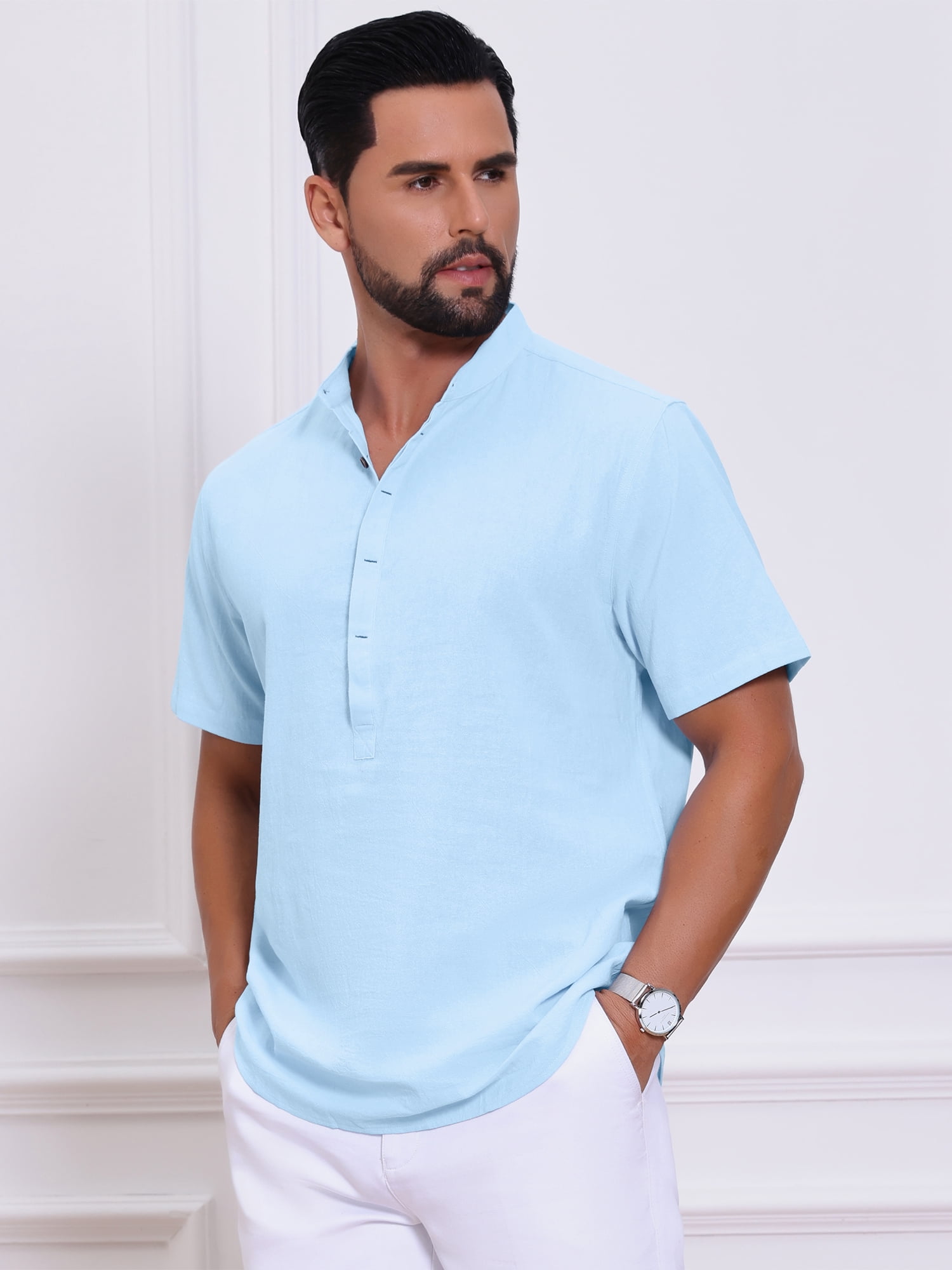 DARING DIVA Men's Casual Henley Band Collar Short Sleeve Summer Linen Shirts XL Light Blue