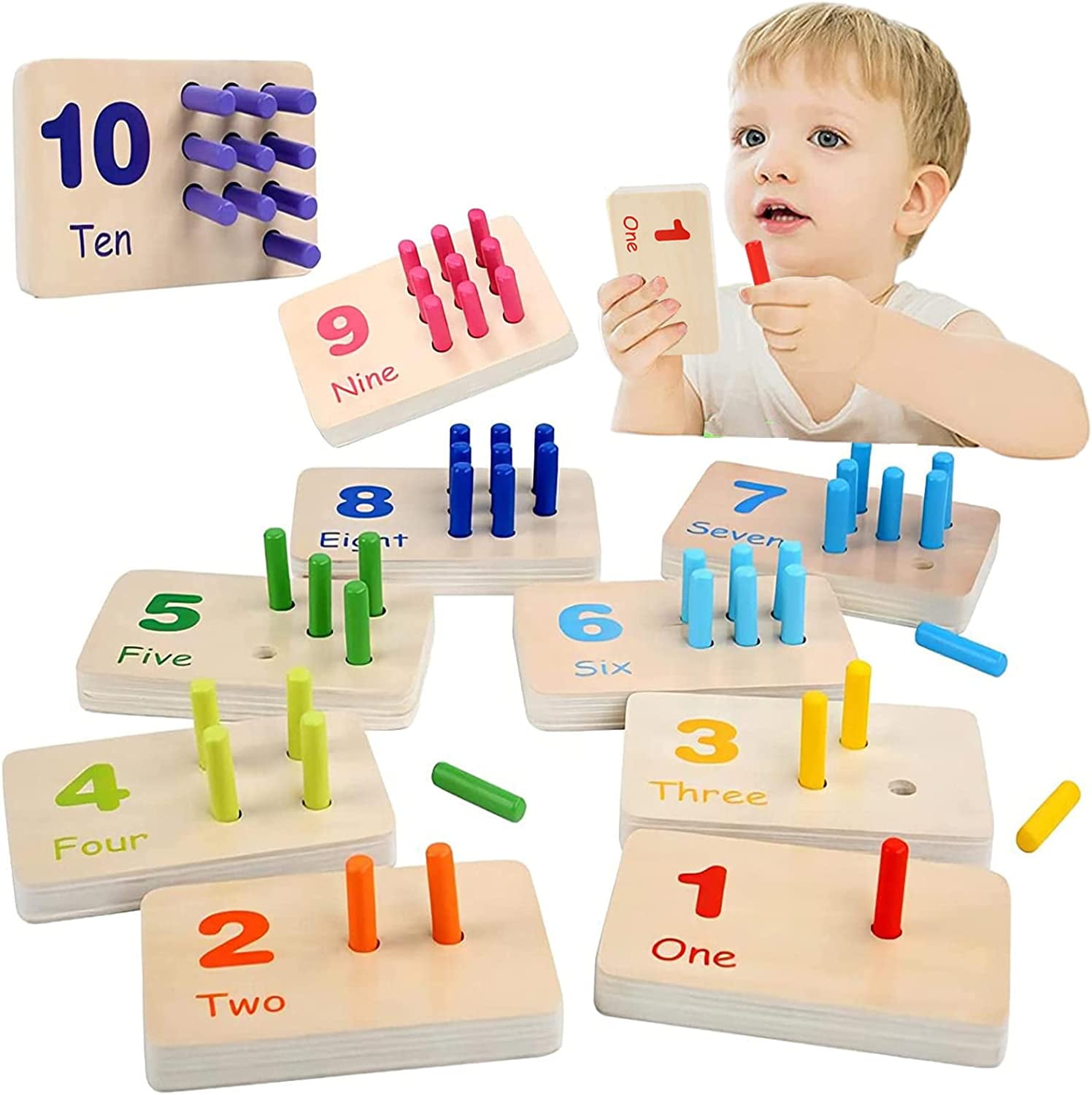 SUORFOXS Wooden Toys Number Peg Boards, Montessori Learning Toys, Baby