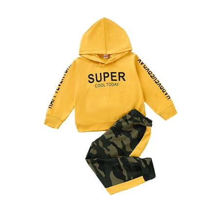 

OLLUISNEO Pants Outfits For Infant Baby Boys Fall Winter SUPER Letter Print Hooded Neck Long Sleeve Hoodie Camouflage Pants 2 PCS Set 18-24 Months Yellow