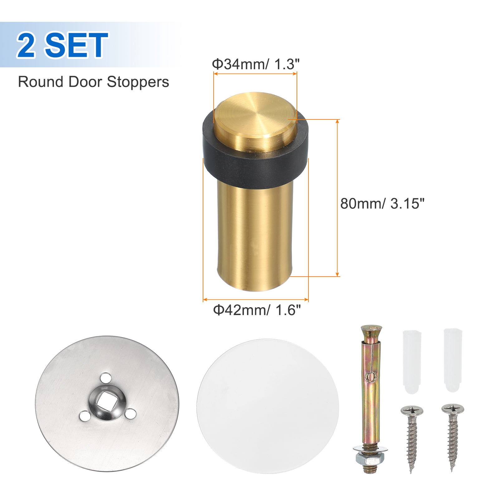 2Set Round Door Stoppers, 80mm Stainless Steel Door Stop Doorstop Wedge Metal Cylinder Self Adhesive with Screw for Bottom of Door Floor Inside, Gray