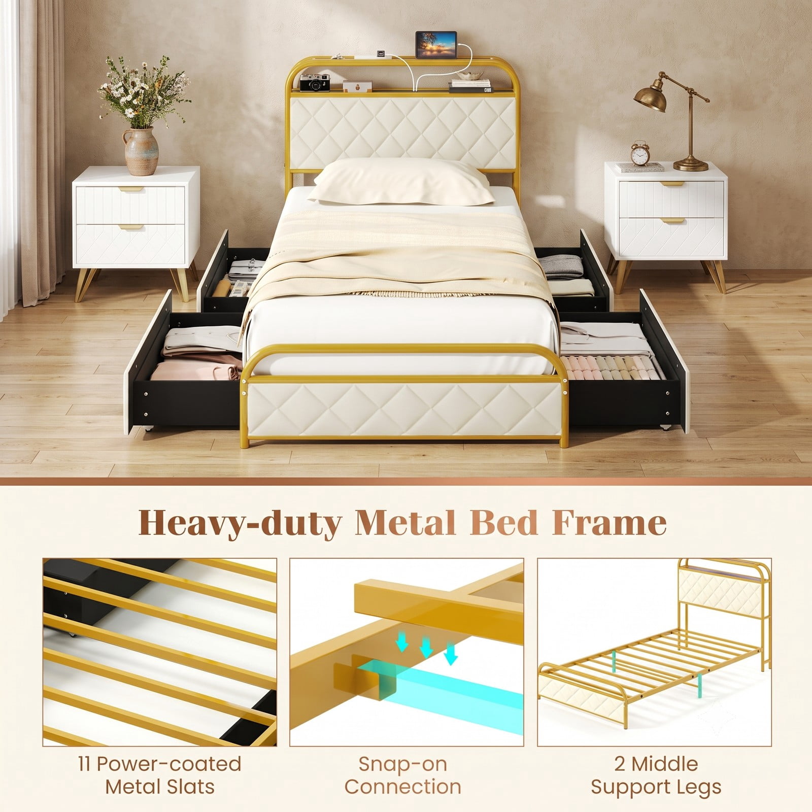 Furnibear Twin Size Metal Bed Frame with LED Lights Charging Station Storage Drawers and Upholstered Headboard for Bedroom, Gold