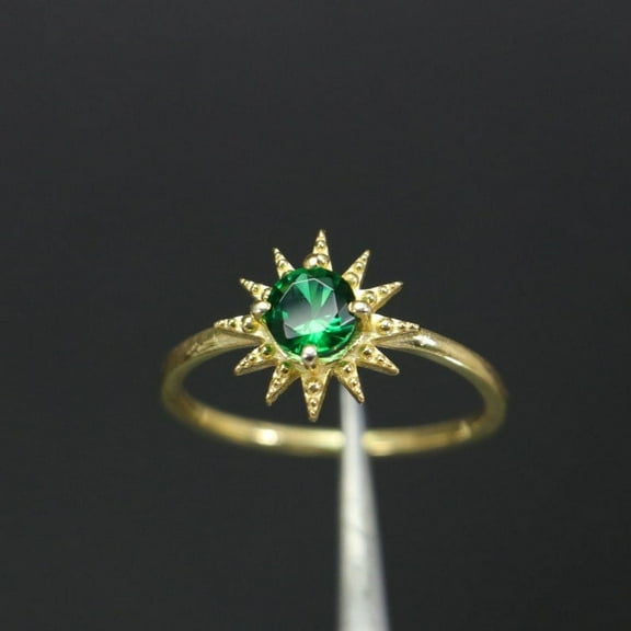 Emerald Ring Gold Plated 925 Silver Ring, Sunbeam Emerald Ring, Dainty Green Stone Ring, Thin Gold Ring, Tiny Gold Ring, Sunshine Gold