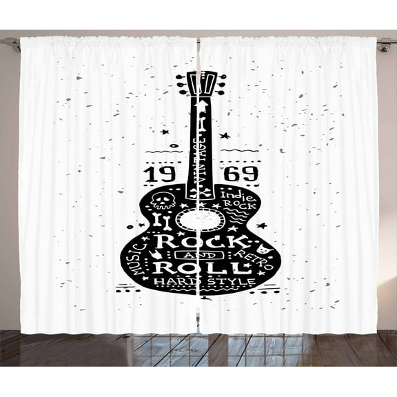 Ambesonne Guitar Curtains 2 Panel Set, Grunge Look Rock 'n' Roll, 108" x 63", Black White