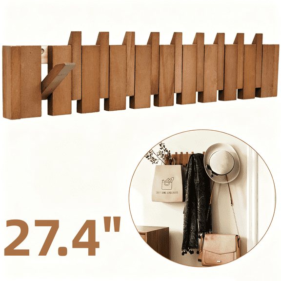 27" Wood Wall Mounted Coat Rack with 10 Flip Down Hooks, Heavy Duty Piano Coat Rack, Decorative Wall Hook Rack for Entryway, Bedroom, Kitchen