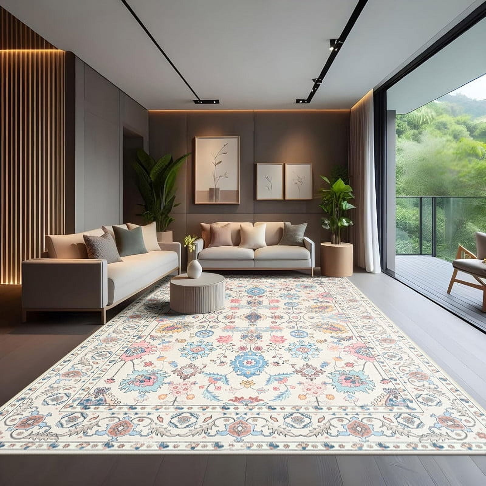 Jamfeel Rugs for Living Room Classic Boho Floral Print Floor Carpets Soft Low Pile Non-slip Washable Area Rug 6'x9' Beige