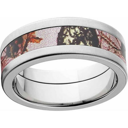 Mossy Oak Pink Break Up Women's Camo Stainless Steel Ring with Cross Brushed Edges and Deluxe Comfort Fit