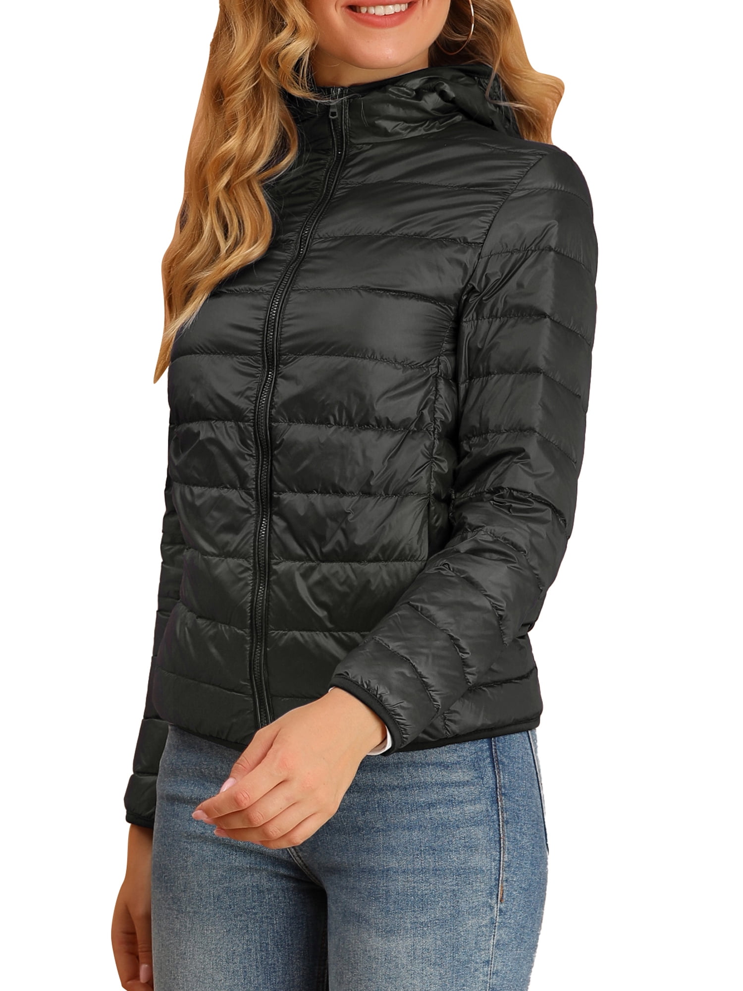 DARING DIVA Women's Hooded Zip Up Short Down Lightweight Jacket L Black
