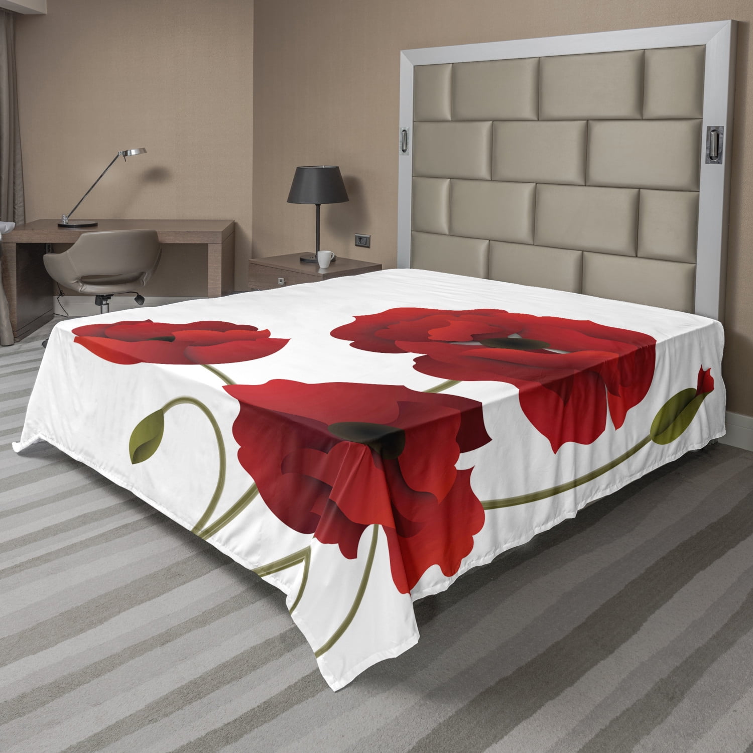 Floral Flat Sheet, Poppy Flowers Petals with Buds Pastoral Purity Mother Earth Nature Design