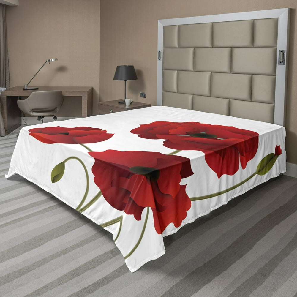 Floral Flat Sheet, Poppy Flowers Petals with Buds Pastoral Purity