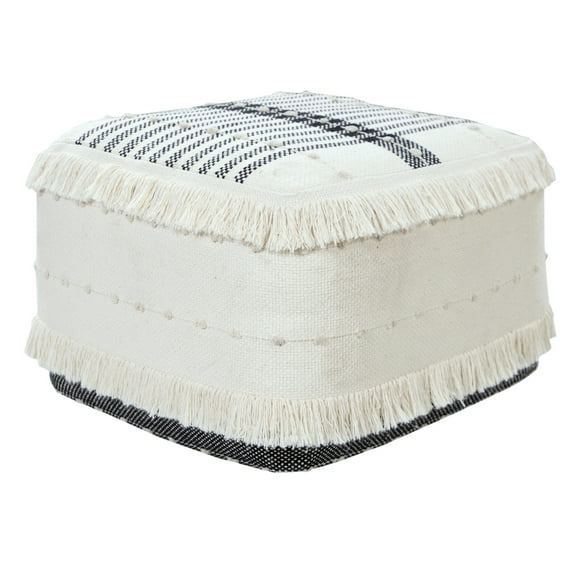 LR Home Small Fringe Striped Indoor Square Pouf, White/Black, 18" x 18" x 14"