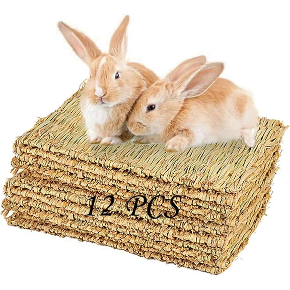 Rabbit Grass Mat,Bunny Natural Straw Woven Bed,Small Animal Cages Hay Nest Sleeping,Chewing,Nesting and Toys for Rabbits Guinea Pig Hamster Hedgehog and Squirrel Bed Mat 12 Pack