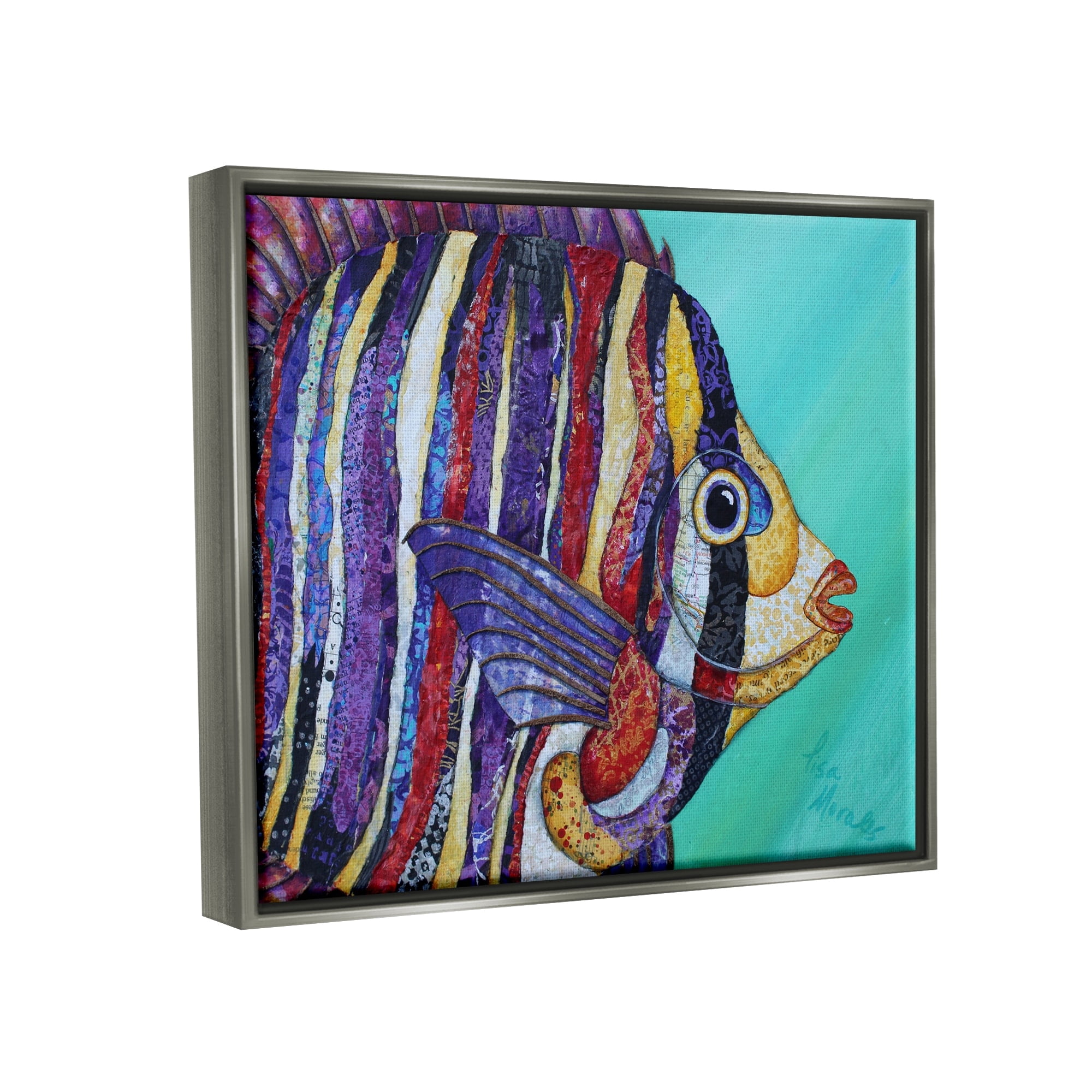 Stupell Industries Broad Fin Varied Layered Stripes Aquatic Fish Design Painting Luster Gray Floating Framed Canvas Print Wall Art, Design by Lisa Morales
