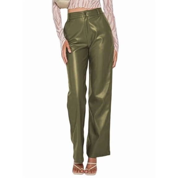 Female Leather Pants - High Waist Faux Leather Straight Leg Bell Bottom Flare Pants Green S
